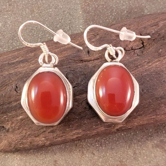 Vintage Sterling Silver Carnelian Cabochon Oval Drop Earrings - Picture 1 of 8